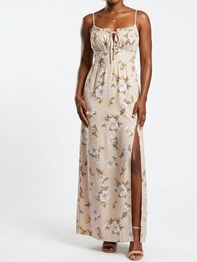 IRIS Cottagecore Floral Backless Maxi Dress Cutout Ruched Bust Slit S